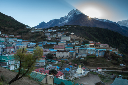 View of Namche bazar and mount thamserku - way to everest base camp, Khumbu valley, Sagarmatha national park, Solukhumbu, Nepalの写真素材