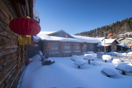 Harbin,China - 2019 February 18 : China snow town area in china snow festival 2019 with red chinese lantern decorated in town very famous place for tourist to visit in winter.のeditorial素材