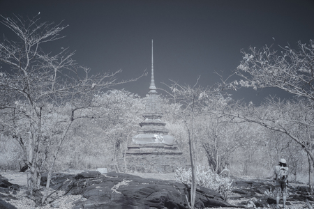 Man take photo of old temple in public park with infrared photo technology.の写真素材