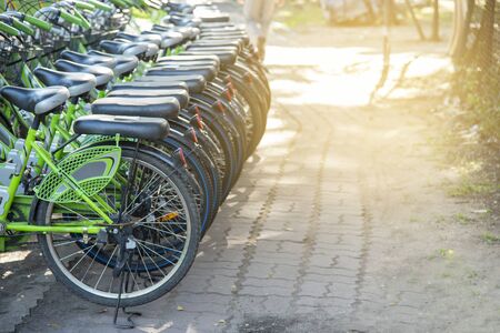 bikes in the parking lot for bicycles, the view from the side