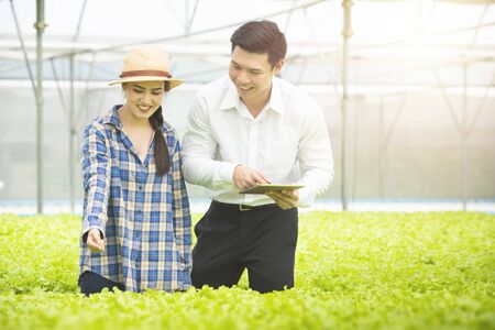 Professional asian man scientist check quality of green vegetable hydroponic farm standing with asian woman gardener farm, Small business entrepreneur conceptの写真素材