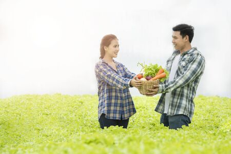 Asian man farmer and asian woman gardener hand hold basket of colourful color vegetable together in organic, cooperation Small business entrepreneur and organic vegetable farm and healthy food conceptの写真素材
