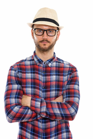 Young handsome bearded tourist man ready for vacationの写真素材