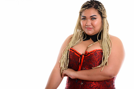 Young fat Asian woman wearing sexy costume