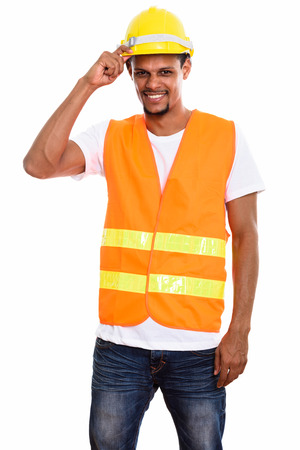 Young happy African man construction worker smilingの写真素材