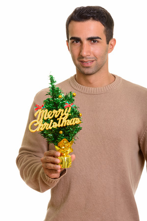 Portrait of young handsome Persian man ready for Christmasの写真素材