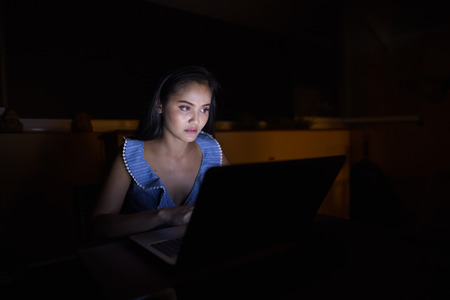 Young Beautiful Asian Woman Using Laptop In Dark Room