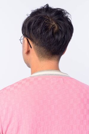 Closeup rear view of Japanese man with eyeglassesの写真素材