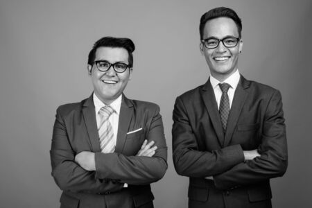 Young multi-ethnic businessman and young Indian businessman against gray backgroundの写真素材