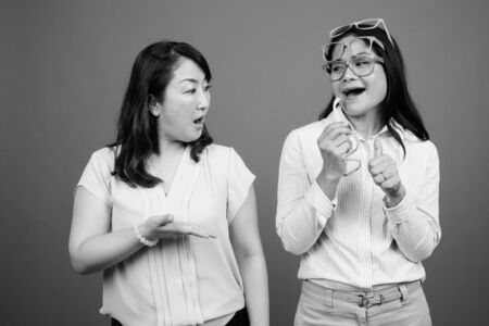 Two mature Asian businesswomen together wearing glassesの写真素材