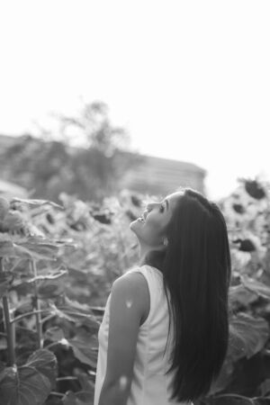 Profile view of young happy Asian woman smiling while looking up in the field of blooming sunflowersの写真素材