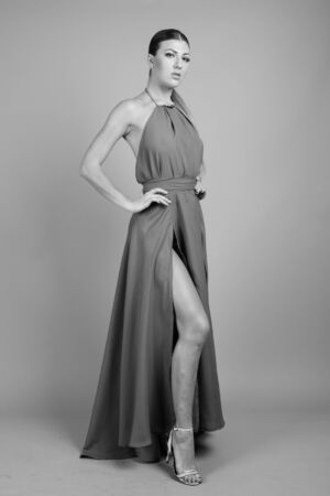 Portrait of young beautiful woman in black and whiteの写真素材