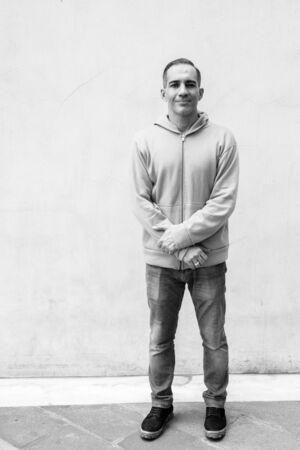 Portrait of mature Persian man outdoors in black and whiteの写真素材