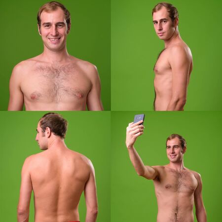 Collage of young man with blond hair shirtlessの写真素材