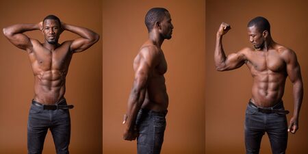 Collage of handsome muscular African man shirtlessの写真素材