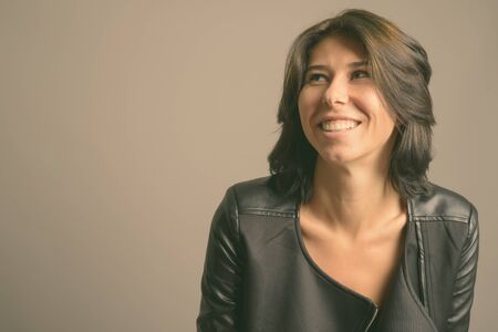 Portrait of young beautiful woman with short hairの写真素材