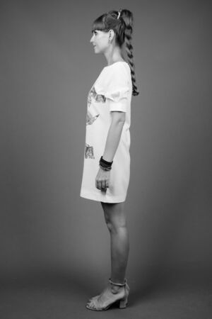 Portrait of young beautiful woman in black and whiteの写真素材