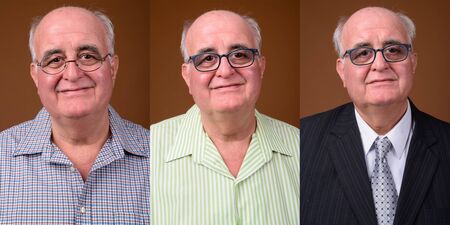 Collage of overweight senior man with different outfits