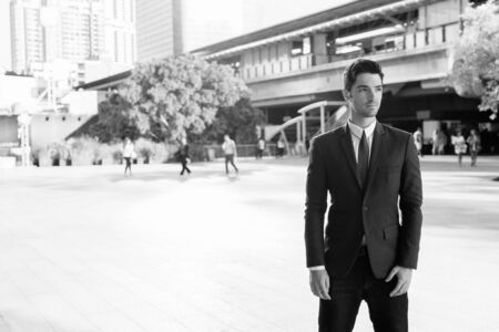 Portrait of young handsome businessman against view of the cityの写真素材