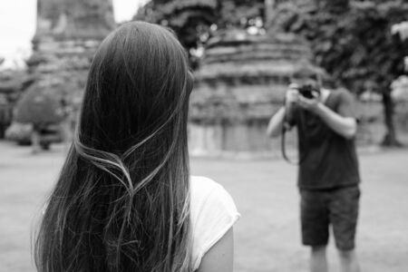 Portrait of young tourist couple having vacation togetherの写真素材