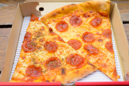 New York City style Italian pepperoni pizza slices in take away box horizontal shot