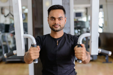 Young bearded Indian man using exercise equipment at the gym
