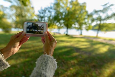 Hands of mature woman taking picture with phone at the parkの写真素材