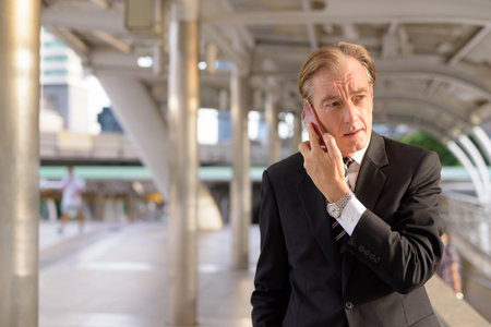 Mature handsome businessman in suit talking on the phone at the footbridge