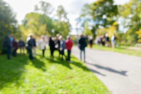 Defocused people in the park standing on grassy plain and tall green trees on sunny day