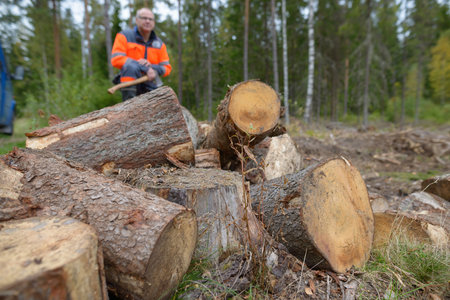 Pile of chopped wood with mature handsome man holding ax in the forest