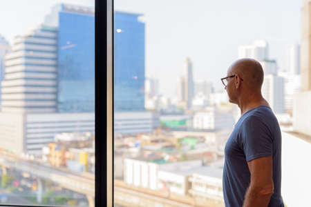 Senior handsome Scandinavian man inside the room by the windowの写真素材