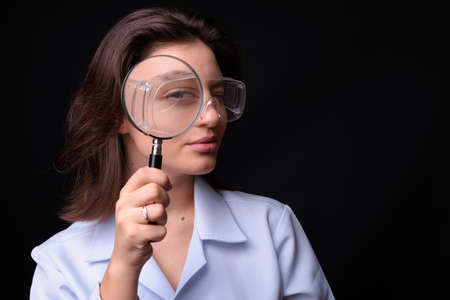 Portrait of young beautiful woman doctor with short hairの写真素材