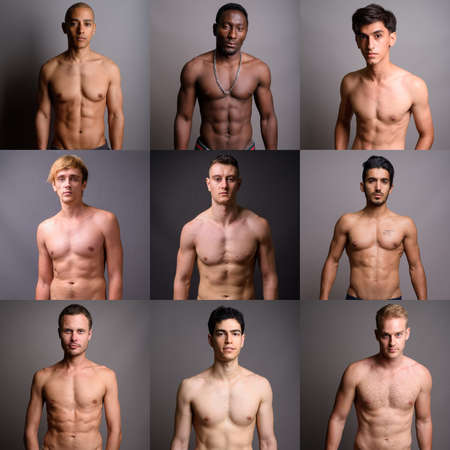 Collage of diverse multi ethnic muscular men shirtlessの写真素材