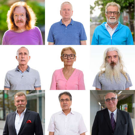 Collage of diverse senior people looking at camera