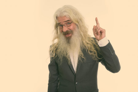 Studio shot of handsome senior businessman with long white curly beard and hair isolated against...