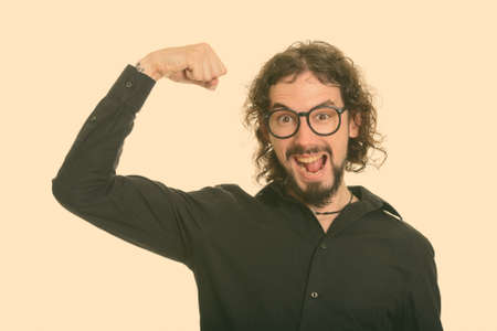 Happy crazy Caucasian man flexingの写真素材