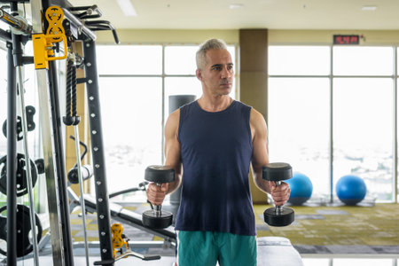 Mature handsome Persian man exercising with dumbbells at the gymの写真素材