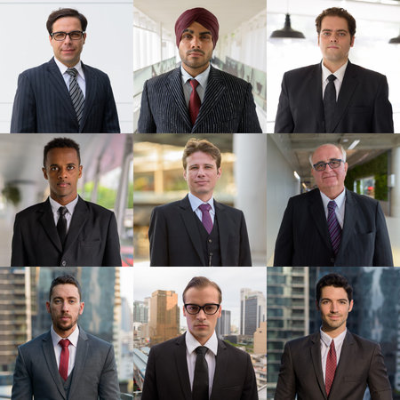 Diverse businessman people faces collage outdoors as team conceptの写真素材