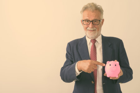 Studio shot of happy senior bearded businessman smiling while pointing at piggy bank against white backgroundの写真素材