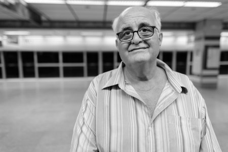 Overweight senior tourist man exploring around the city of Bangkok, Thailandの写真素材