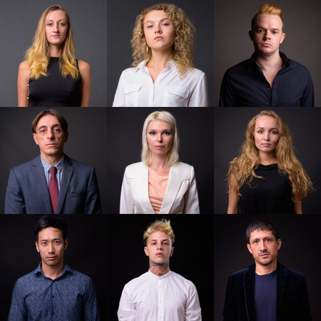 Collage of business people looking at camera shot in studioの写真素材