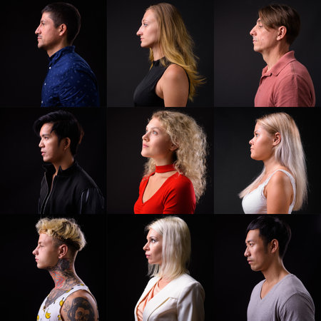 Profile view collage of people faces against studio backgroundの写真素材