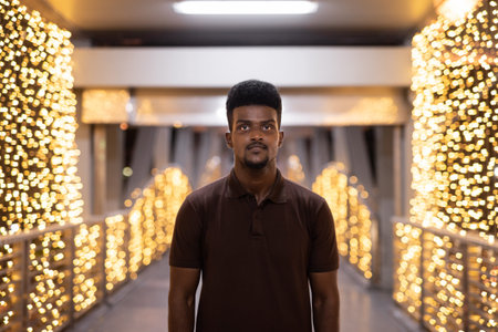 Portrait of young handsome black man in city at night