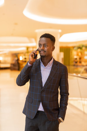 Portrait of handsome African businessman using mobile phoneの写真素材