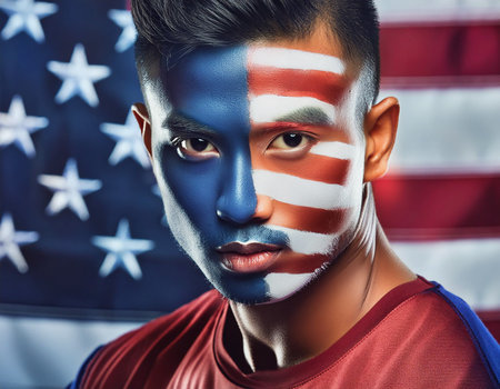 Portrait standing in front of a American flag background 4th of July Independence day celebration headshotの素材