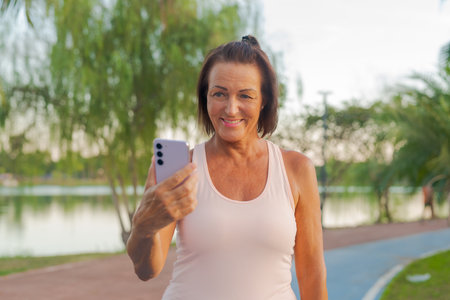 Portrait of a mature woman in park exercising during summer conceptの写真素材