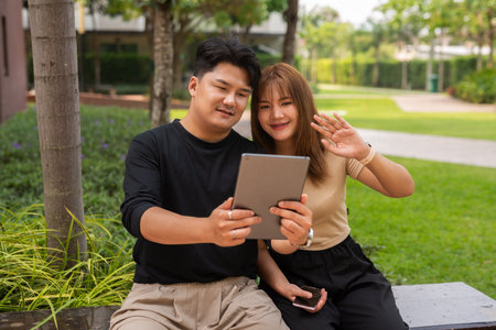 Young happy Asian couple outdoors in parkの写真素材