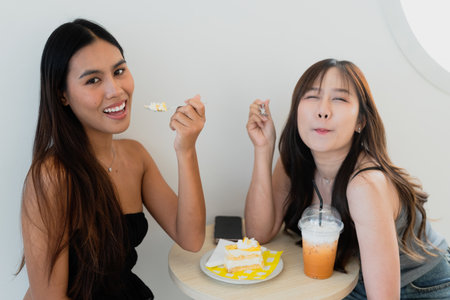 Two happy young Asian women eating dessert togetherの写真素材