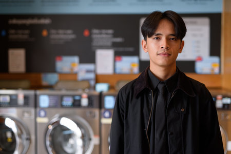 Portrait of man in laundry shop looking at cameraの写真素材