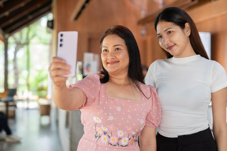 Mother and daughter inside cafe using mobile phoneの写真素材